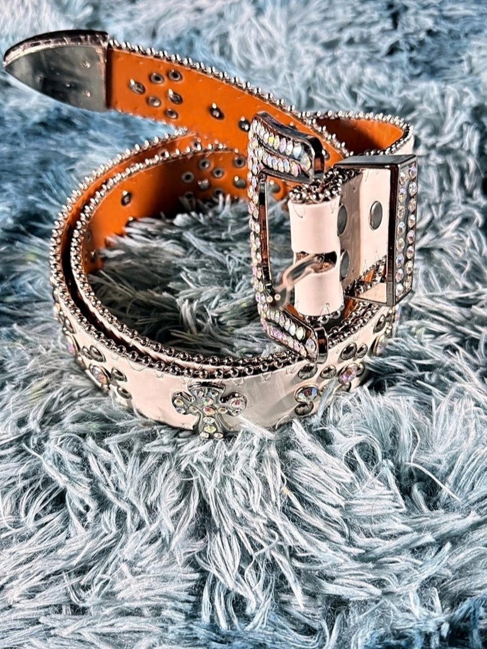 B.B. Simon White Leather Crystal Cross Belt